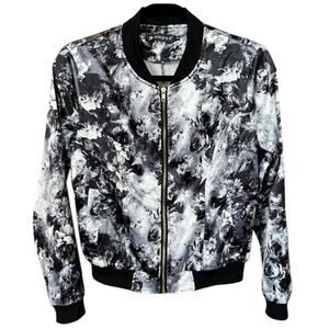 Allegra K Monochrome Floral Bomber Jacket - S